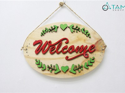 Bảng Welcome treo cửa chữ nổi họa tiết lá xanh 2 mặt W-BTC-W01